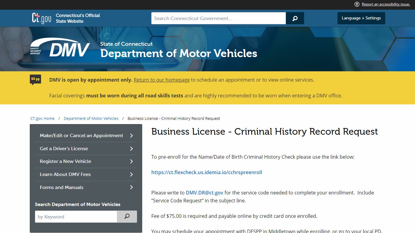 Business License - Criminal History Record Request - ct